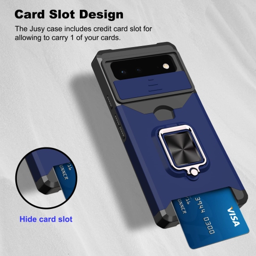 Wallet Case Compatible with Google Pixel 6A & 2 Screen Protectors, with Sliding Camera Cover, Card Holder Slot and Magnetic Kickstand Ring, Heavy