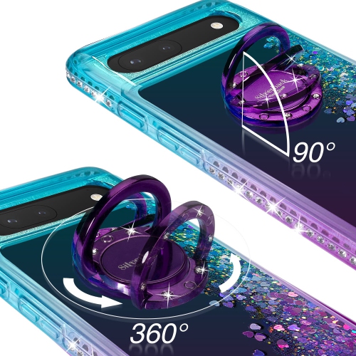 Google Pixel 6A Case with Ring Kickstand Lanyard, Moving Liquid Glitter Sparkle Holographic, Girls Women Bling Diamond Ring Protective Cover for