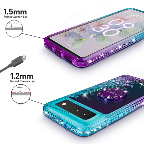 Google Pixel 6A Case with Ring Kickstand Lanyard, Moving Liquid Glitter Sparkle Holographic, Girls Women Bling Diamond Ring Protective Cover for