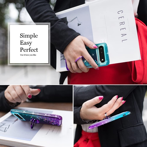 Google Pixel 6A Case with Ring Kickstand Lanyard, Moving Liquid Glitter Sparkle Holographic, Girls Women Bling Diamond Ring Protective Cover for