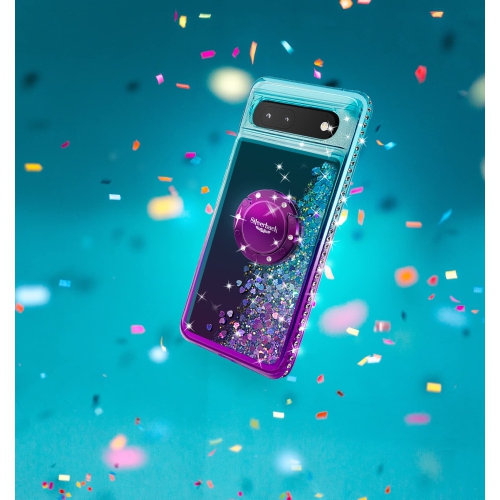 Google Pixel 6A Case with Ring Kickstand Lanyard, Moving Liquid Glitter Sparkle Holographic, Girls Women Bling Diamond Ring Protective Cover for
