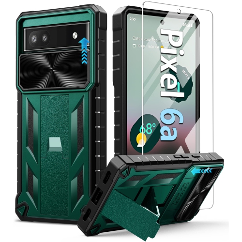 HLD Google Pixel 6A Case: Shockproof Protective Rugged Phone Cover With Kickstand & Camera Lens Slide | Drop Proof Military-Grade Protection Tpu Hybrid Bumper Cases for Pixel 6A - Gree