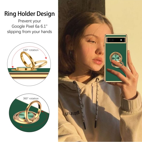 Google Pixel 6a Case,Slim Soft Silicone Cover with 360 Degree Rotation Magnetic Car Finger Ring Holder Kickstand Shockproof Protective Phone Cases