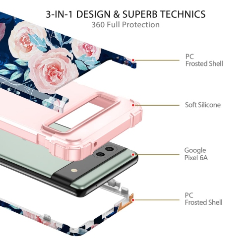 for Google Pixel 6A Case, Heavy Duty Shockproof Protection Hard Plastic+Silicone Rubber Hybrid 3 in 1 Drop Protective Case for Google Pixel 6A Navy