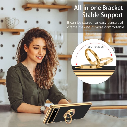 Google Pixel 6a Case,Slim Soft Silicone Cover with 360 Degree Rotation Magnetic Car Finger Ring Holder Kickstand Shockproof Protective Women Men