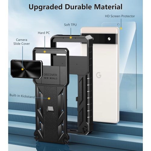 Google Pixel 6a Case: Shockproof Protective Rugged Phone Cover with Kickstand & Camera Lens Slide | Drop Proof Military-Grade Protection TPU Hybrid