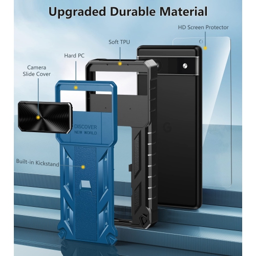 for Google Pixel 6a Case: Shockproof Protective Rugged Phone Cover with Kickstand & Camera Lens Slide | Drop Proof Military-Grade Protection TPU