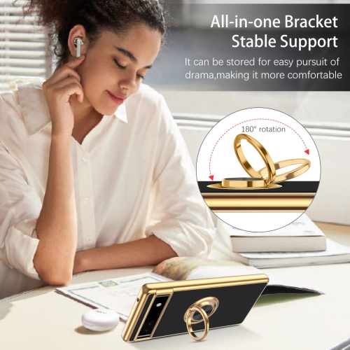 Google Pixel 6A Case, Pixel 6A Case 2022 with Ring Holder Edge Plating Rotation Kickstand Soft Silicone TPU for Women Girls Slim Flexible Anti Slip