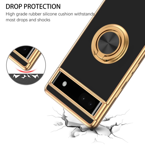 Google Pixel 6A Case, Pixel 6A Case 2022 with Ring Holder Edge Plating Rotation Kickstand Soft Silicone TPU for Women Girls Slim Flexible Anti Slip