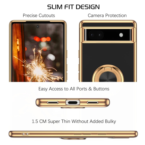 Google Pixel 6A Case, Pixel 6A Case 2022 with Ring Holder Edge Plating Rotation Kickstand Soft Silicone TPU for Women Girls Slim Flexible Anti Slip