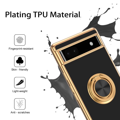 Google Pixel 6A Case, Pixel 6A Case 2022 with Ring Holder Edge Plating Rotation Kickstand Soft Silicone TPU for Women Girls Slim Flexible Anti Slip