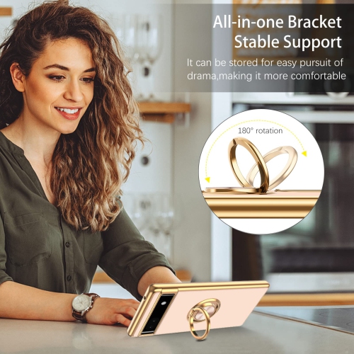 Google Pixel 6a Case,Slim Silicone Cover with 360 Degree Rotation Magnetic Car Finger Ring Holder Kickstand Shockproof Protective Women Men Phone