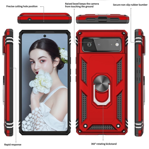 Compatible with Google Pixel 6 Case, Military-Grade Defender Shockproof Protective Phone Case with Ring Magnetic Kickstand for Google Pixel 6, Red