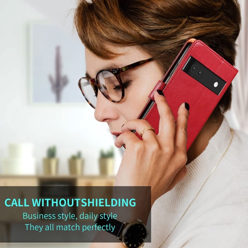 Google Pixel 6a Case Wallet Genuine Leather Flip with Anti-Theft RFID Blocking Kickstand Strong Magnetic Clasp Closure Cash Credit Card Slots