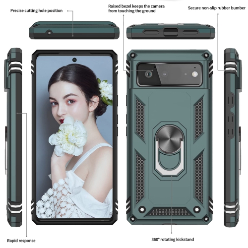 Compatible with Google Pixel 6 Case, Military-Grade Defender Shockproof Protective Phone Case with Ring Magnetic Kickstand for Google Pixel 6, Green