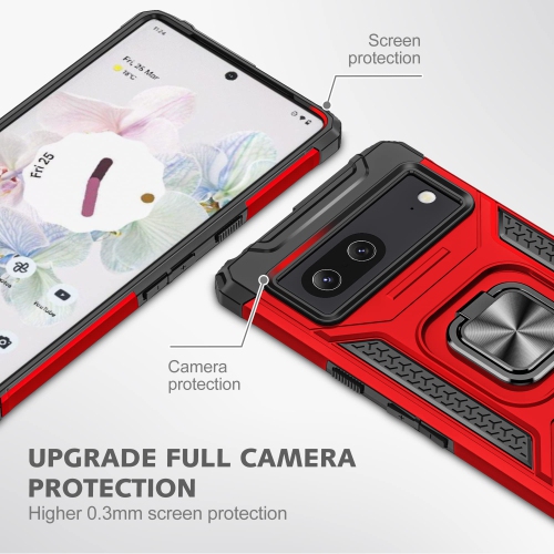 Heavy Duty Ring Kickstand Case for Google Pixel 6a, Military Grade Shockproof Protective with Rotatable Ring Phone Cover for Google Pixel 6a KM Red