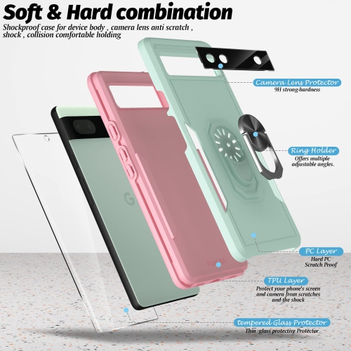 5 in 1 for Google Pixel 6A 5G Phone Case, Ring Kickstand Case with Screen Protector and Camera Lens Protector for Google Pixel 6A 5G, Drop Protection