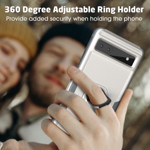 Compatible with Pixel 6a Case, with 360° Metal Rotating Ring Holder Kickstand, Dual Layer Full Body Shockproof Protective Cover Case 6.1 inch (White)