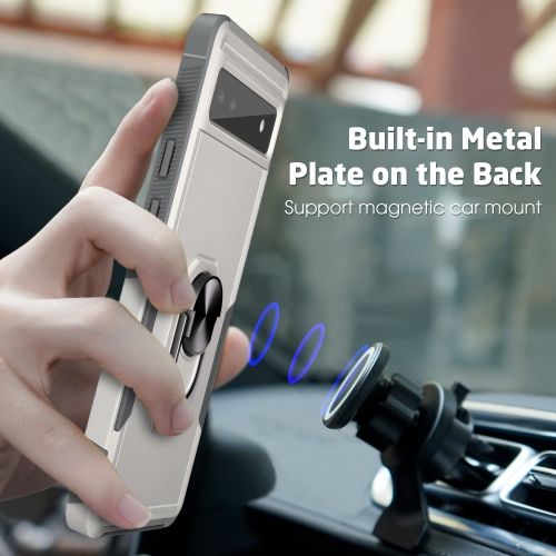 Compatible with Pixel 6a Case, with 360° Metal Rotating Ring Holder Kickstand, Dual Layer Full Body Shockproof Protective Cover Case 6.1 inch (White)