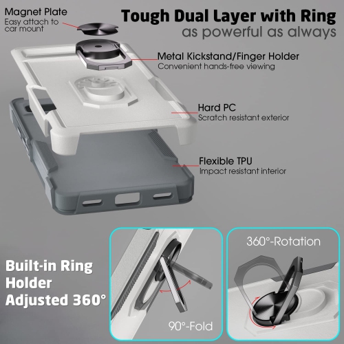 Compatible with Pixel 6a Case, with 360° Metal Rotating Ring Holder Kickstand, Dual Layer Full Body Shockproof Protective Cover Case 6.1 inch (White)
