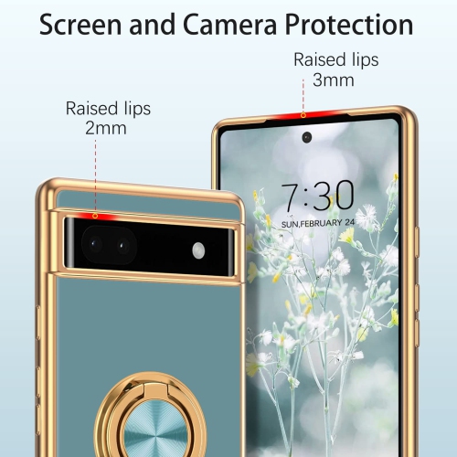 Google Pixel 6a Case,Slim Soft Silicone Cover with 360 Degree Rotation Magnetic Car Finger Ring Holder Kickstand Shockproof Protective Women Men