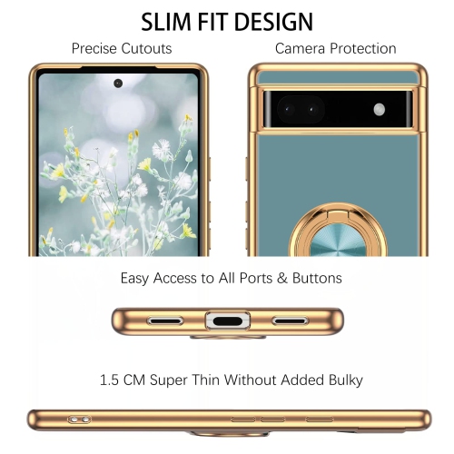 Google Pixel 6a Case,Slim Soft Silicone Cover with 360 Degree Rotation Magnetic Car Finger Ring Holder Kickstand Shockproof Protective Women Men