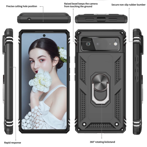 Compatible with Google Pixel 6 Case, Military-Grade Defender Shockproof Protective Phone Case with Ring Magnetic Kickstand for Google Pixel 6, Black