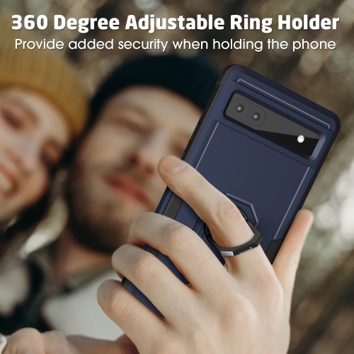 Pixel 6a Case, with 360° Metal Rotating Ring Holder Kickstand, Dual Layer Full Body Shockproof Protective Cover Case 6.1 inch (Midnight Blue)