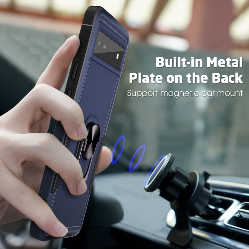 Pixel 6a Case, with 360° Metal Rotating Ring Holder Kickstand, Dual Layer Full Body Shockproof Protective Cover Case 6.1 inch (Midnight Blue)