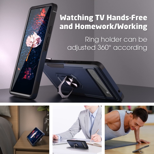 Pixel 6a Case, with 360° Metal Rotating Ring Holder Kickstand, Dual Layer Full Body Shockproof Protective Cover Case 6.1 inch (Midnight Blue)