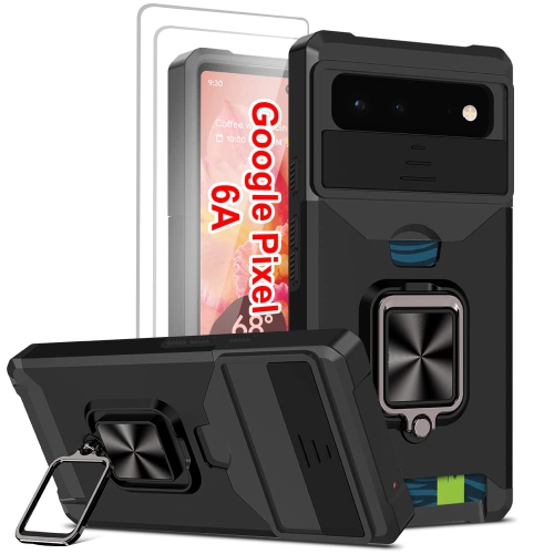 Wallet Case Compatible with Google Pixel 6A & 2 Screen Protectors, with Sliding Camera Cover, Card Holder Slot and Magnetic Kickstand Ring, Heavy