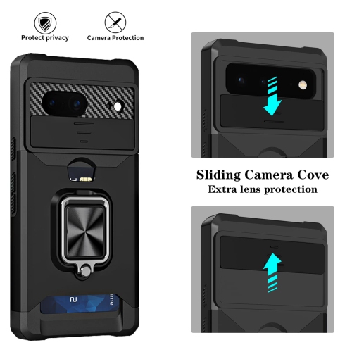 Wallet Case Compatible with Google Pixel 6A & 2 Screen Protectors, with Sliding Camera Cover, Card Holder Slot and Magnetic Kickstand Ring, Heavy