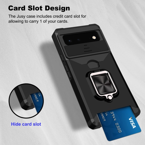 Wallet Case Compatible with Google Pixel 6A & 2 Screen Protectors, with Sliding Camera Cover, Card Holder Slot and Magnetic Kickstand Ring, Heavy