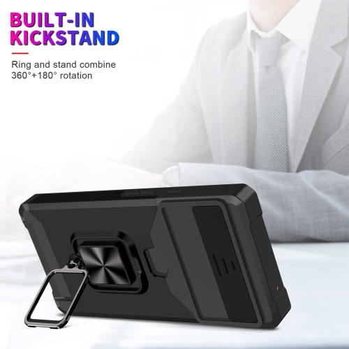 Wallet Case Compatible with Google Pixel 6A & 2 Screen Protectors, with Sliding Camera Cover, Card Holder Slot and Magnetic Kickstand Ring, Heavy