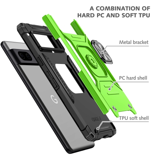 Heavy Duty Ring Kickstand Case for Google Pixel 6a, Military Grade Shockproof Protective with Rotatable Ring Phone Cover for Google Pixel 6a KM Green