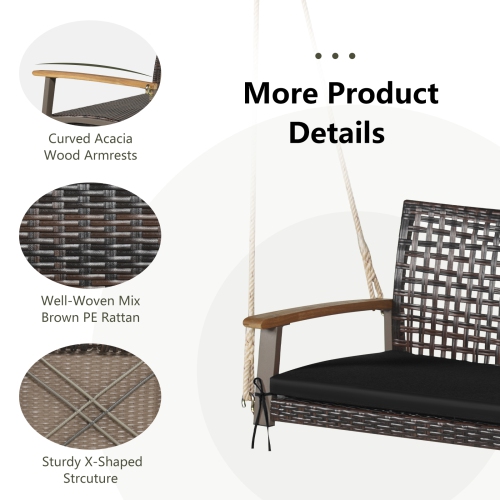 Patiojoy Patio 2-Person Loveseat Rattan Porch Hanging Swing Chair w/ Seat Cushion & Acacia Wood Armrests Black/Red/White