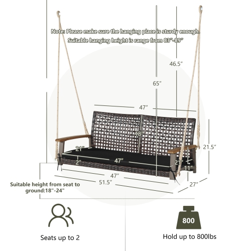 Patiojoy Patio 2-Person Loveseat Rattan Porch Hanging Swing Chair w/ Seat Cushion & Acacia Wood Armrests Black/Red/White