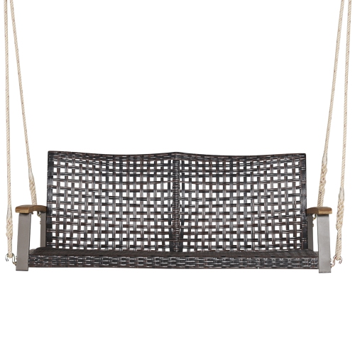 Patiojoy Patio 2-Person Loveseat Rattan Porch Hanging Swing Chair w/ Seat Cushion & Acacia Wood Armrests Black/Red/White