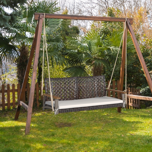 Patiojoy Patio 2-Person Loveseat Rattan Porch Hanging Swing Chair w/ Seat Cushion & Acacia Wood Armrests Black/Red/White