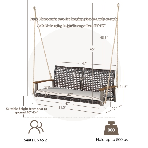 Patiojoy Patio 2-Person Loveseat Rattan Porch Hanging Swing Chair w/ Seat Cushion & Acacia Wood Armrests Black/Red/White