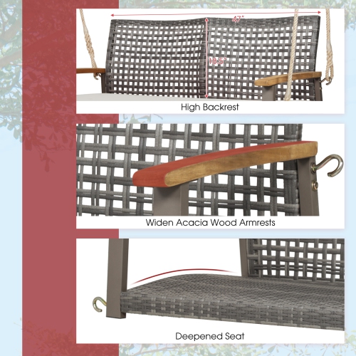 Patiojoy Patio 2-Person Wicker Loveseat Rattan Porch Hanging Swing Chair w/ with 118" Hanging Ropes Seat Cushion & Acacia Wood Armrests Black/Red/Off