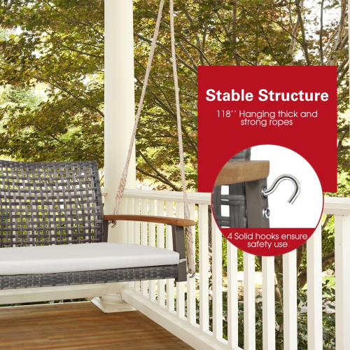 Patiojoy Patio 2-Person Wicker Loveseat Rattan Porch Hanging Swing Chair w/ with 118" Hanging Ropes Seat Cushion & Acacia Wood Armrests Black/Red/Off