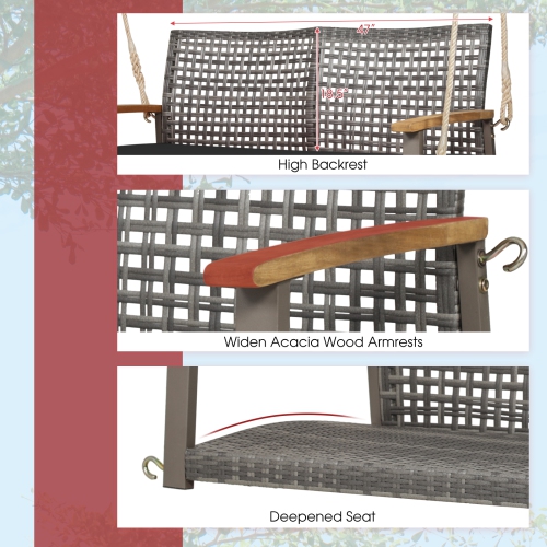 Patiojoy Patio 2-Person Wicker Loveseat Rattan Porch Hanging Swing Chair w/ with 118" Hanging Ropes Seat Cushion & Acacia Wood Armrests Black/Red/Off