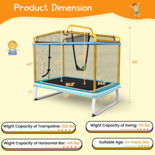 Trampoline 3-en-1 pour enfants avec balançoire et barre horizontale/trampoline ext. 6 pi avec filet de sécurité orange/jaune de TopBuy