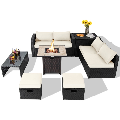 TOPBUY  9 Pieces Outdoor Pe Rattan Wicker Sectional Sofa \w 42" Gas Fire Pit Table Space-Saving Patio Conversation Set \w Storage Box