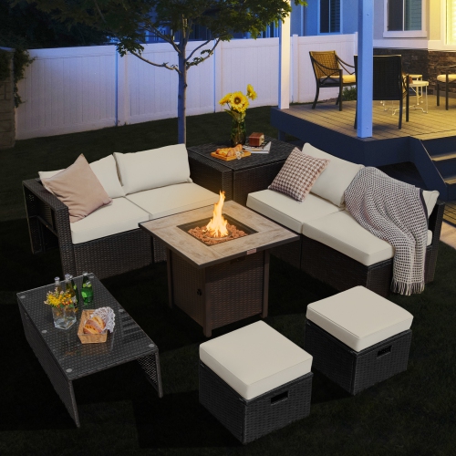 Topbuy 9 Pieces Outdoor PE Rattan Wicker Sectional Sofa with 42" Gas Fire Pit Table Space-Saving Patio Conversation Set with Storage Box