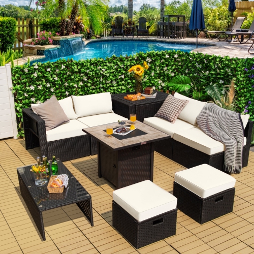 Topbuy 9 Pieces Outdoor PE Rattan Wicker Sectional Sofa with 42" Gas Fire Pit Table Space-Saving Patio Conversation Set with Storage Box