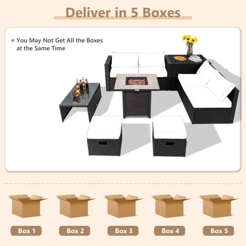 Topbuy 9 Pieces Outdoor PE Rattan Wicker Sectional Sofa with 42" Gas Fire Pit Table Space-Saving Patio Conversation Set with Storage Box