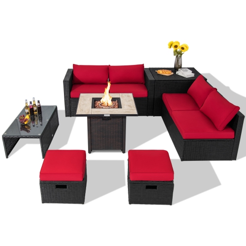 TOPBUY  9 Pieces Outdoor Pe Rattan Wicker Sectional Sofa \w 42" Gas Fire Pit Table Space-Saving Patio Conversation Set \w Storage Box
