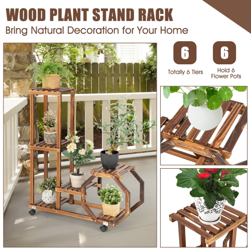 Topbuy 6 Tier 6 Potted Plant Stand Rack 100% Pine Wood Flower Pot Holder Shelf Multi-Layer Flower Stand with Wheels